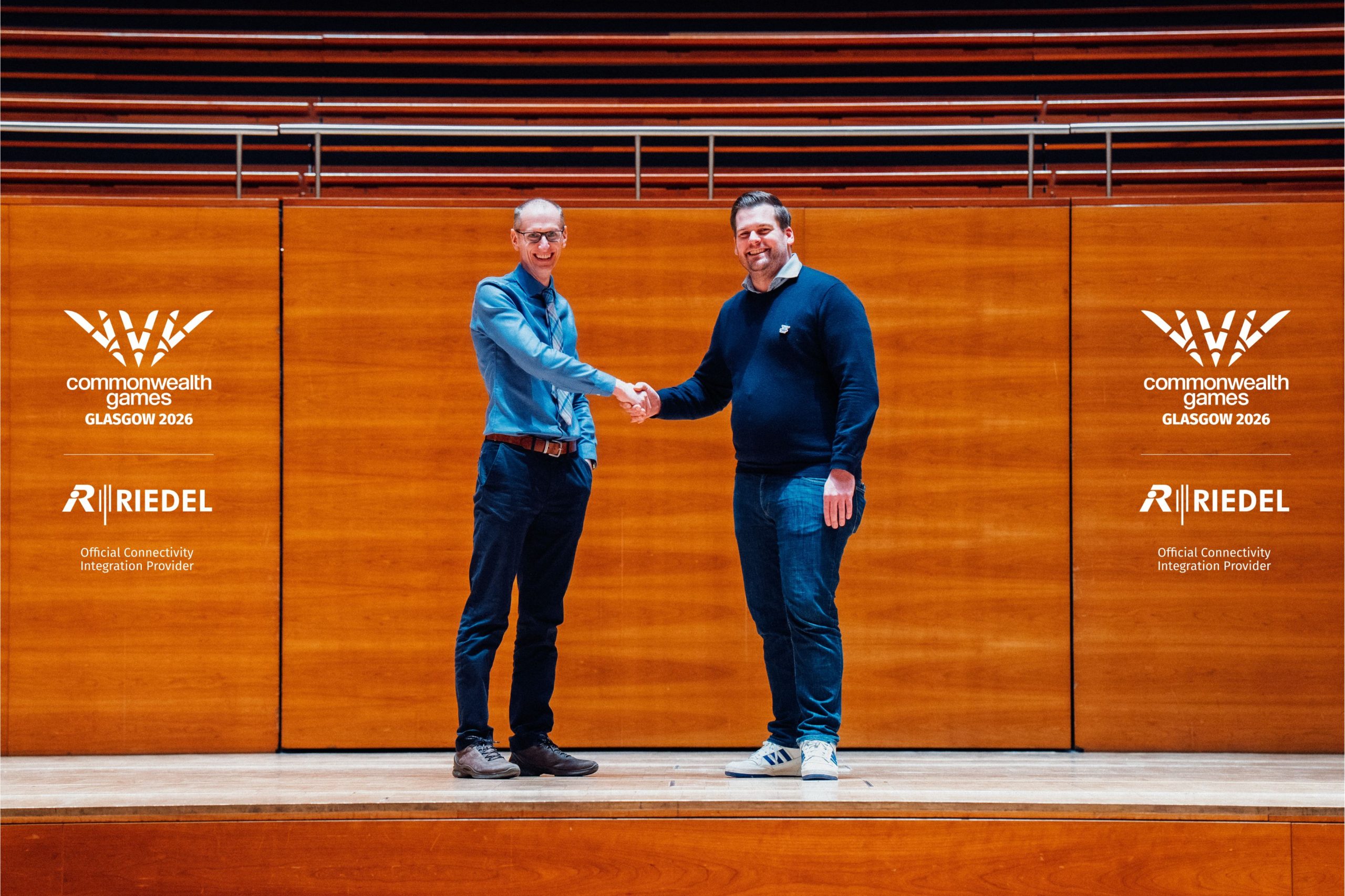 From left to right: Martin Fitchie, Chief Information Officer, Glasgow 2026 and Jan Sander, Senior Account Manager Multisport Events, Riedel Communications