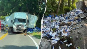 Tractor Trailer Overturns Spills Beer