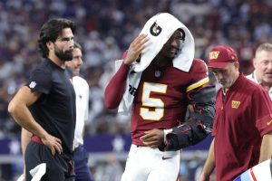 Commanders Quarterback Jayden Daniels Out After Elbow Mri Will Miss Seahawks Gam