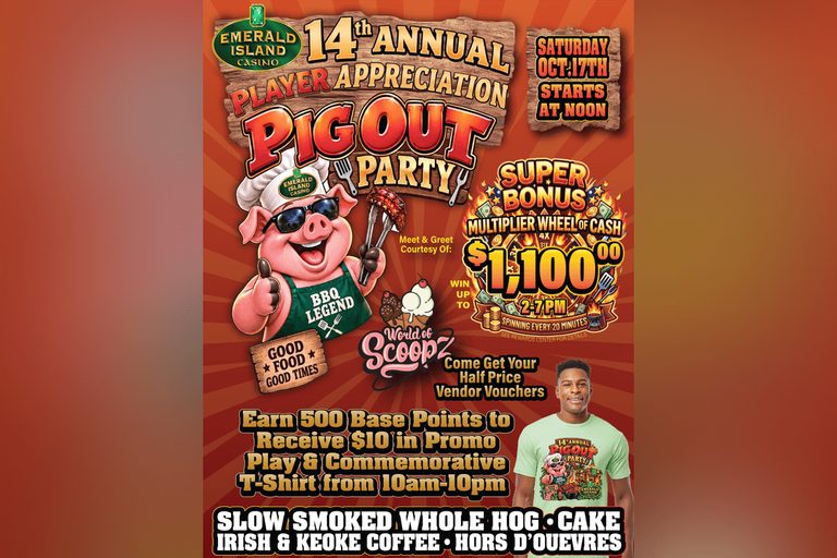 Emerald Island Casino Hosts Free Pig Out Party With Whole Hog And Prizes