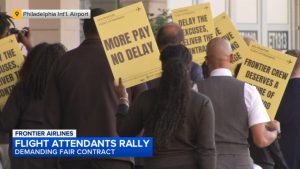 Frontier Flight Attendants Picket Philadelphia Airport As Contract Talks Continu