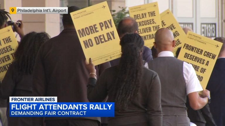 Frontier Flight Attendants Picket Philadelphia Airport As Contract Talks Continu