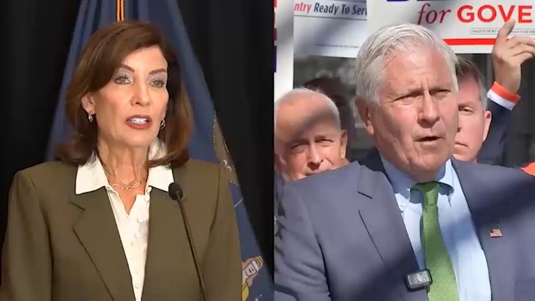 Gubernatorial Candidates Bruce Blakeman And Kathy Hochul Campaign In Queens Neig